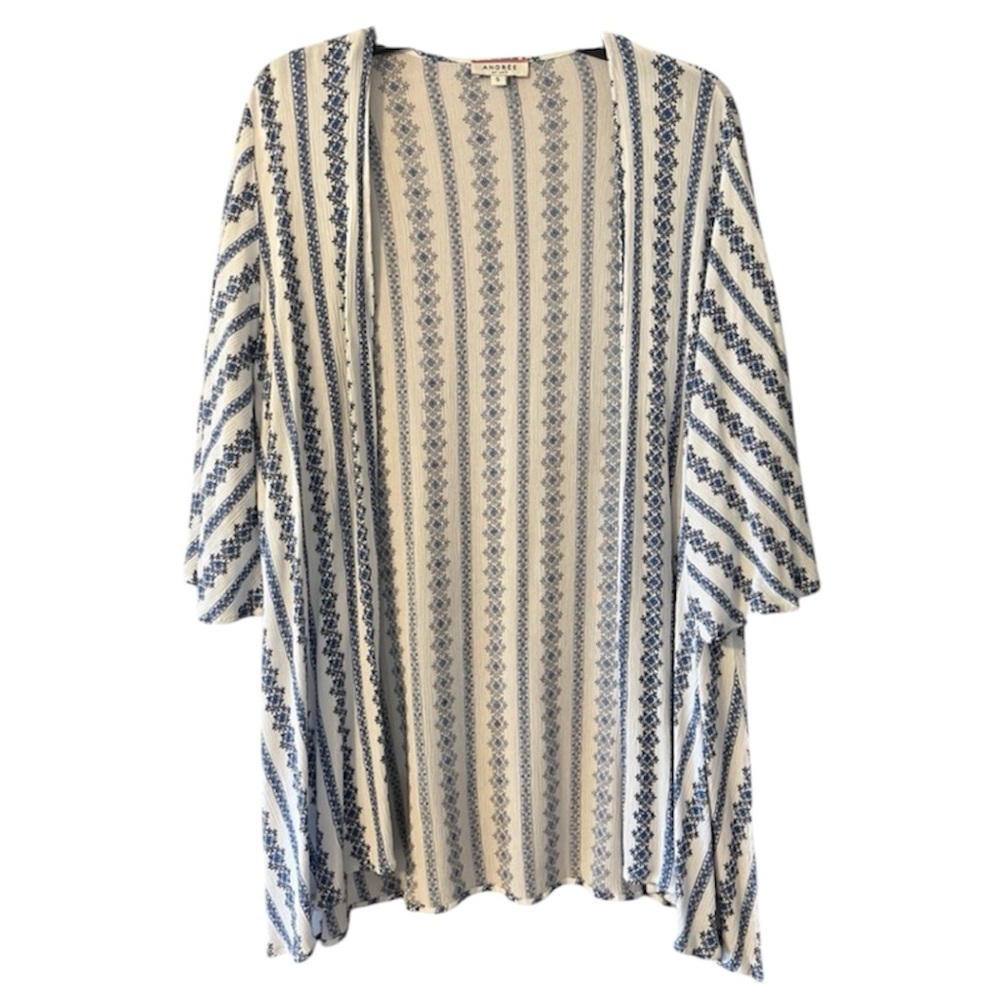 Andrée By Unit Blue and White Patterned Striped Kimono Cardigan Size Small